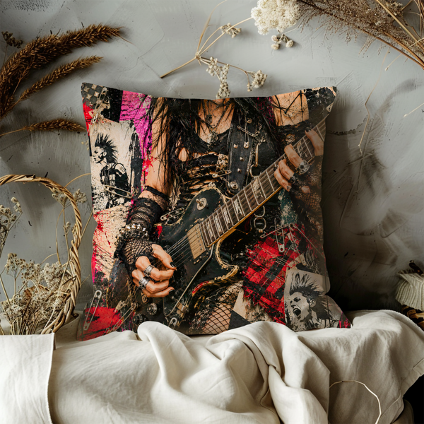Punk Rock Guitarist Pillow Cover – Metal Music Art | Gold Crackle Decor