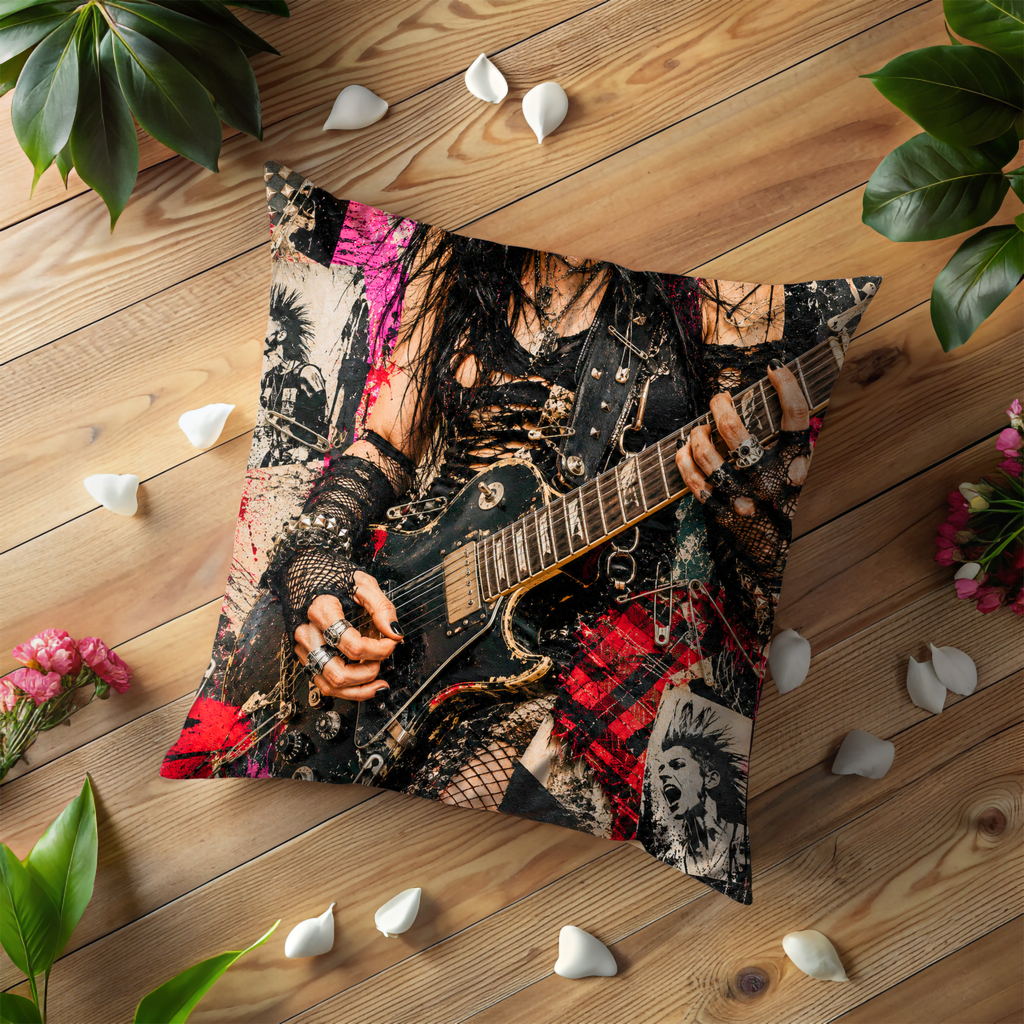 Punk Rock Guitarist Pillow Cover | Metal Music Art | Gold Crackle Decor