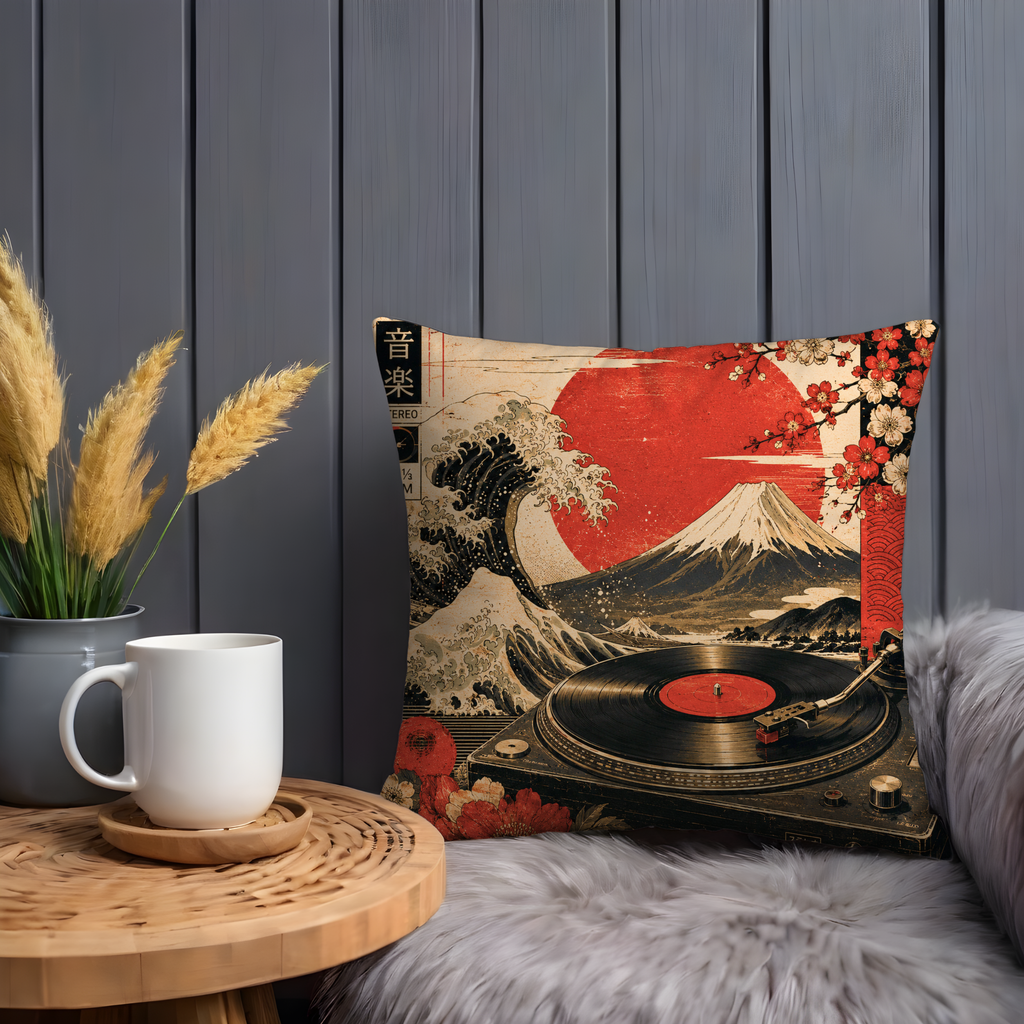 Japanese Wave Vinyl Pillow Cover | Ukiyo-e Music Art | Gold Crackle Decor