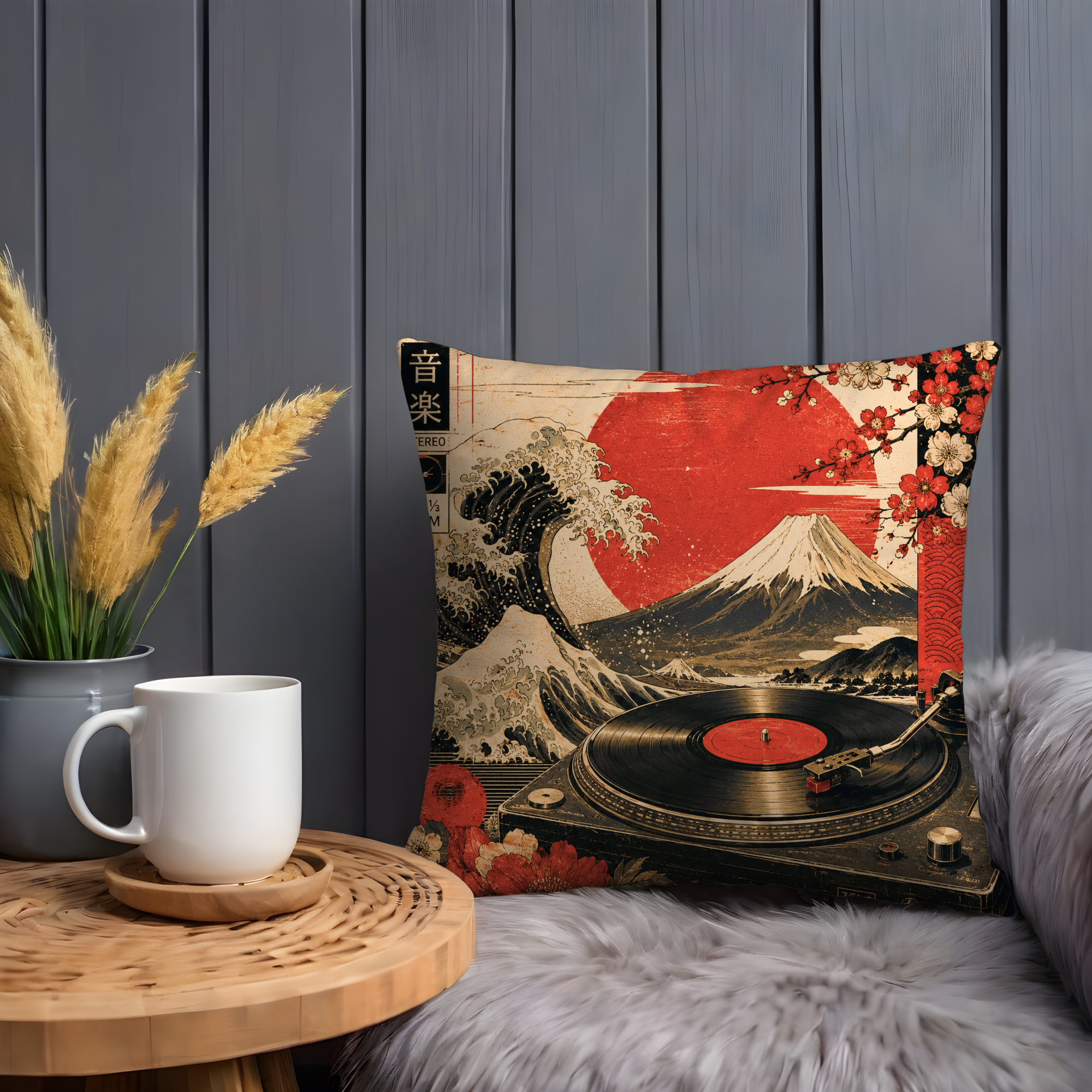 Japanese Wave Vinyl Pillow Cover | Ukiyo-e Music Art | Gold Crackle Decor