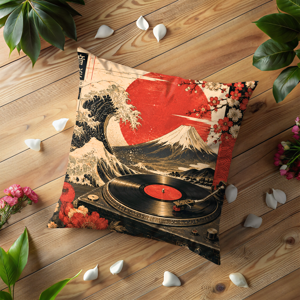 Japanese Wave Vinyl Pillow Cover | Ukiyo-e Music Art | Gold Crackle Decor