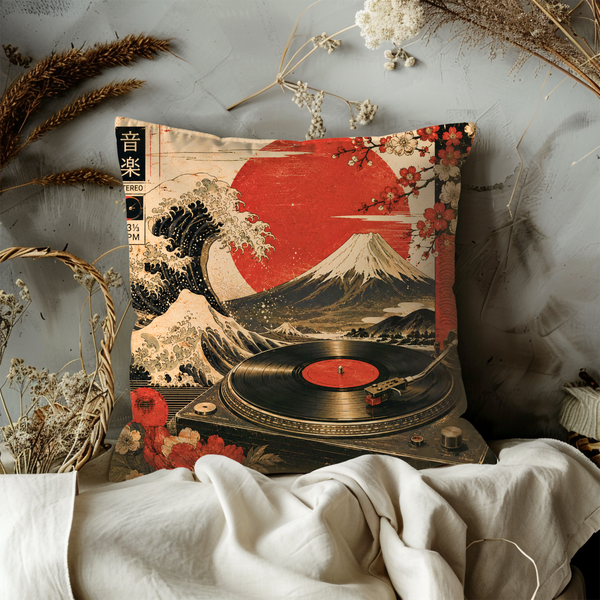 Japanese Wave Vinyl Pillow Cover – Ukiyo-e Music Art | Gold Crackle Decor