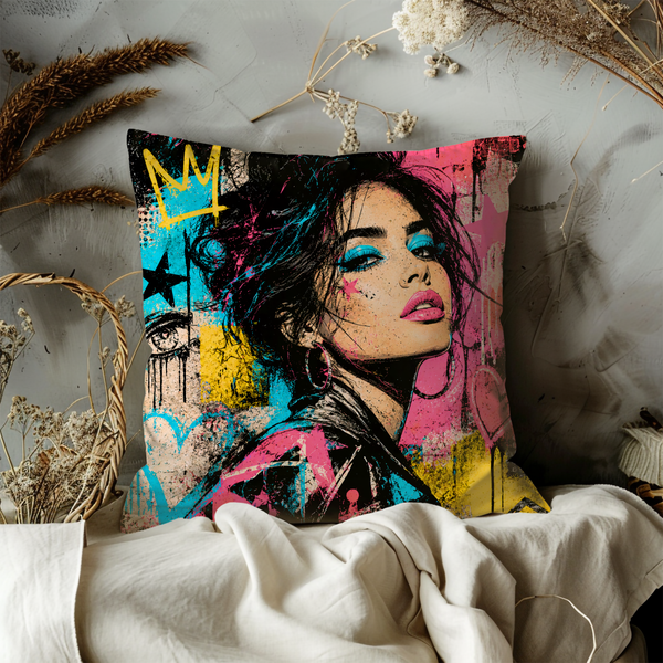 Pop Art Graffiti Queen Pillow Cover – Street Art Woman | Gold Crackle Decor