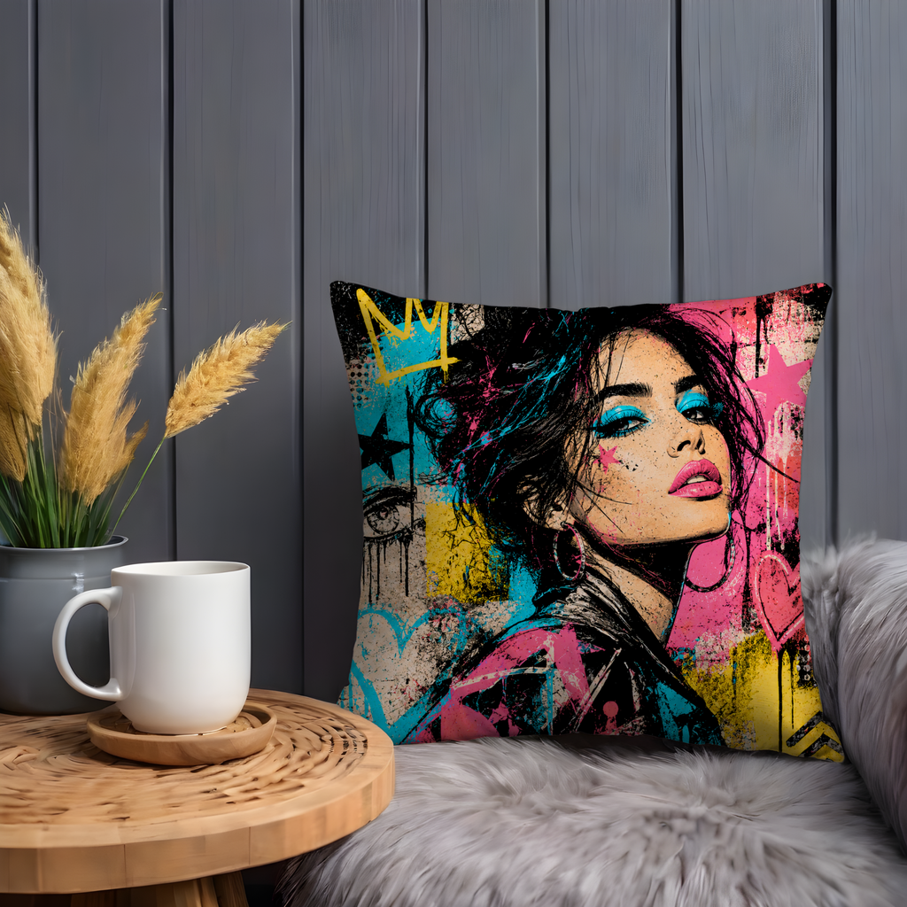 Pop Art Graffiti Queen Pillow Cover | Street Art Woman | Gold Crackle Decor