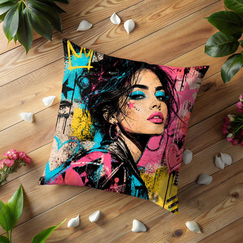Pop Art Graffiti Queen Pillow Cover | Street Art Woman | Gold Crackle Decor