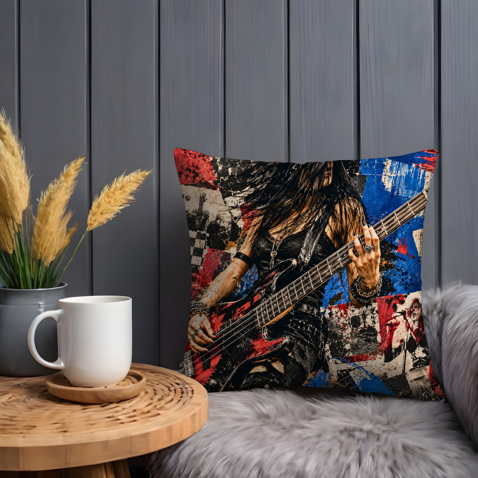 Rock Bassist Pillow Cover | Metal Music Art | Gold Crackle Decor