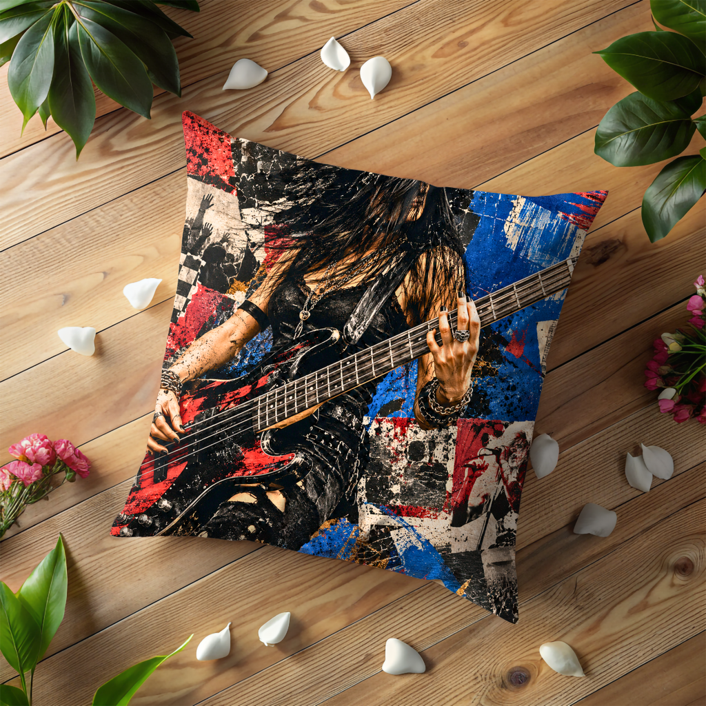 Rock Bassist Pillow Cover | Metal Music Art | Gold Crackle Decor