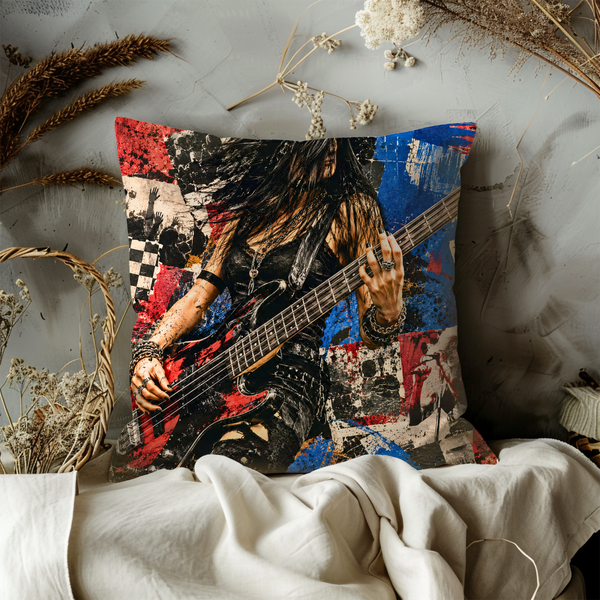 Rock Bassist Pillow Cover – Metal Music Art | Gold Crackle Decor
