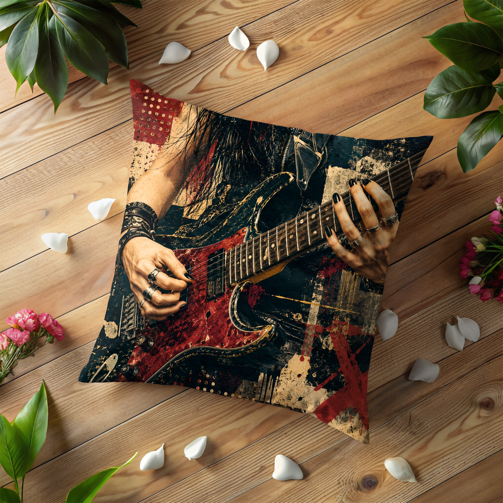 Rock Guitarist Pillow Cover | Metal Music Art | Gold Crackle Decor