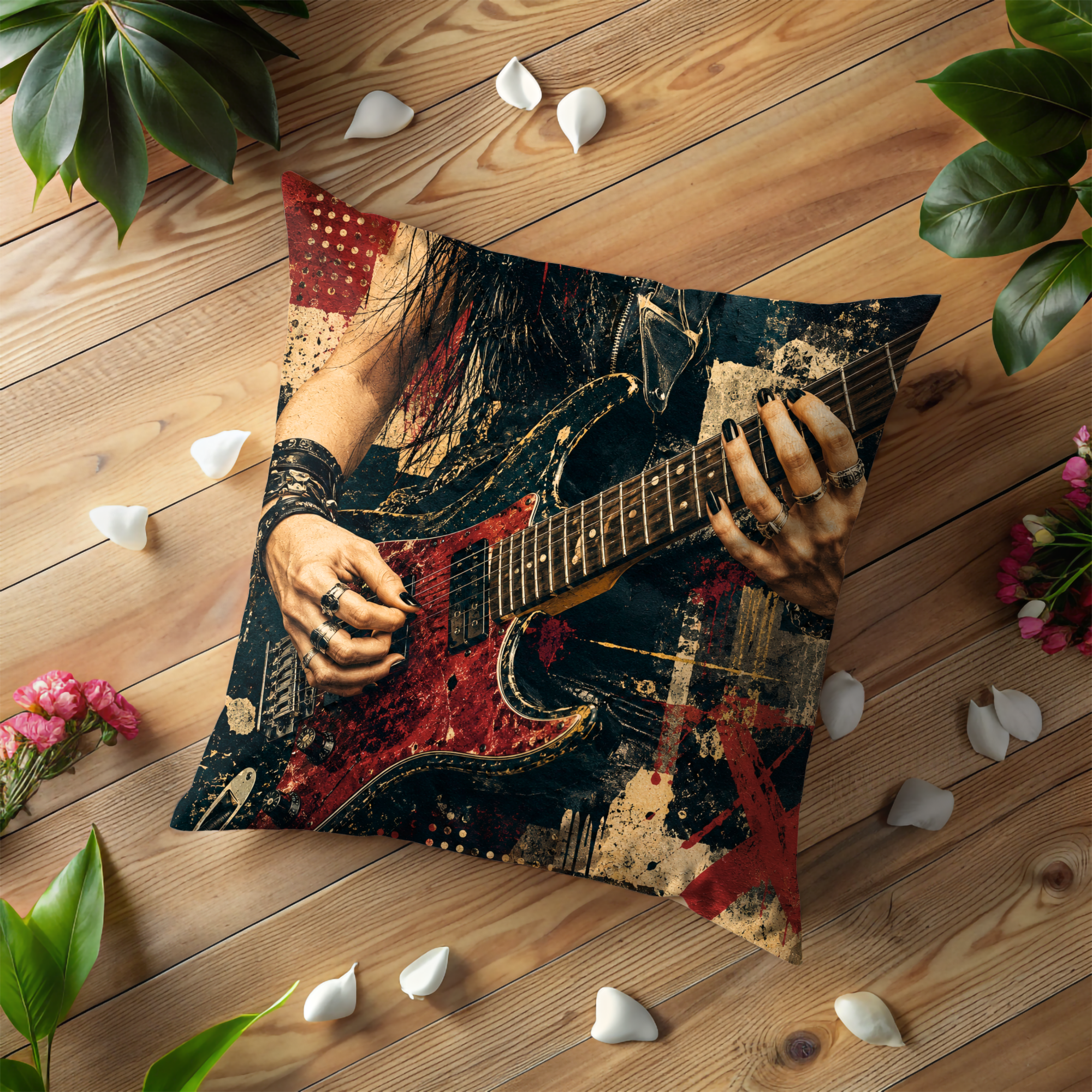 Rock Guitarist Pillow Cover | Metal Music Art | Gold Crackle Decor