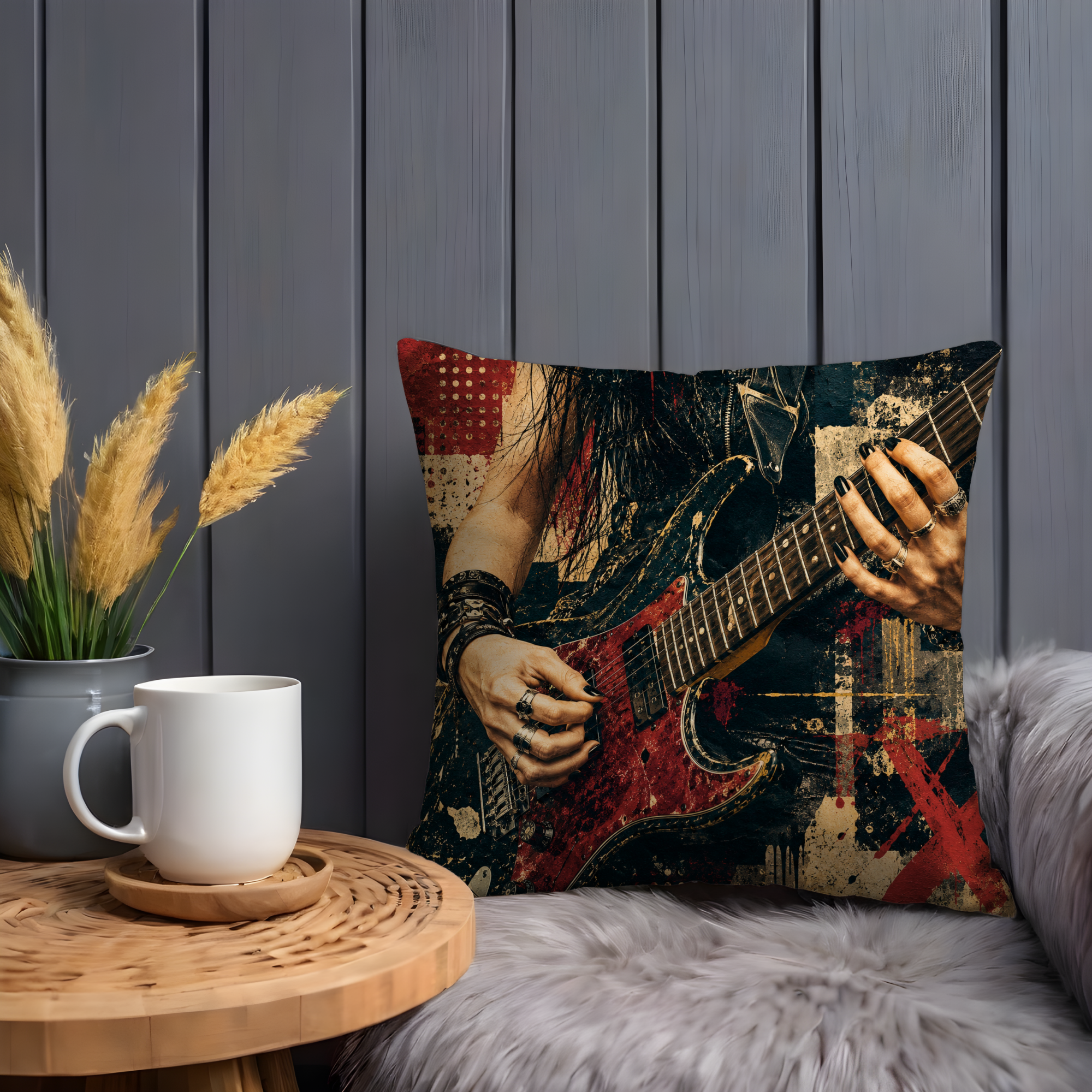 Rock Guitarist Pillow Cover | Metal Music Art | Gold Crackle Decor