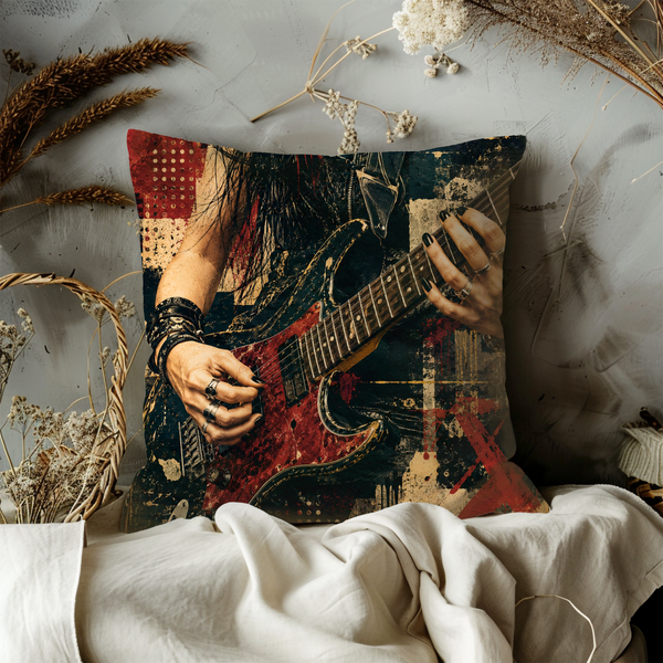 Rock Guitarist Pillow Cover – Metal Music Art | Gold Crackle Decor