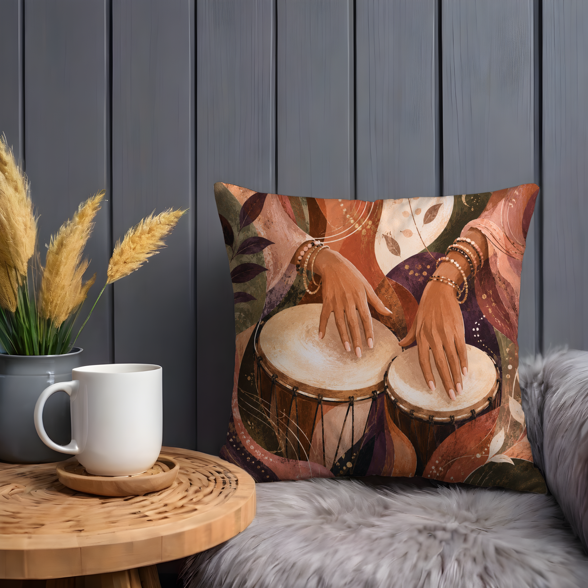 Rhythm Drums Pillow Cover | Boho Percussion Art | Gold Crackle Decor