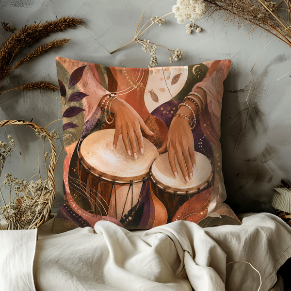 Rhythm Drums Pillow Cover – Boho Percussion Art | Gold Crackle Decor