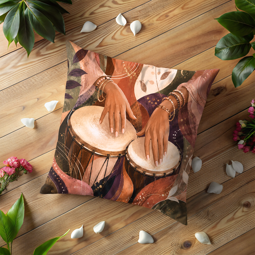 Rhythm Drums Pillow Cover | Boho Percussion Art | Gold Crackle Decor