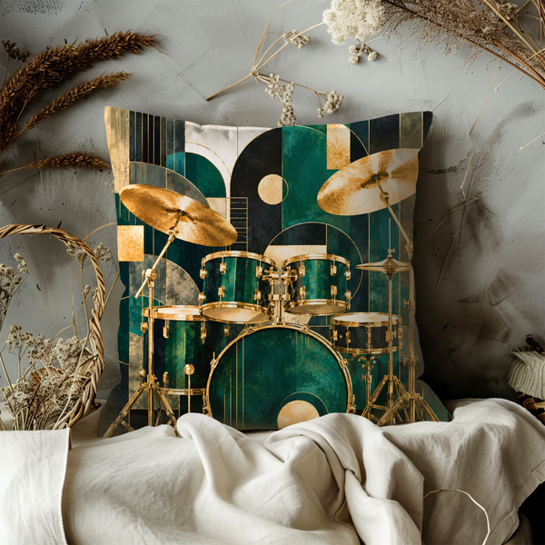 Teal Drums Pillow Cover – Drum Kit  | Percussion Art | Gold Crackle Decor
