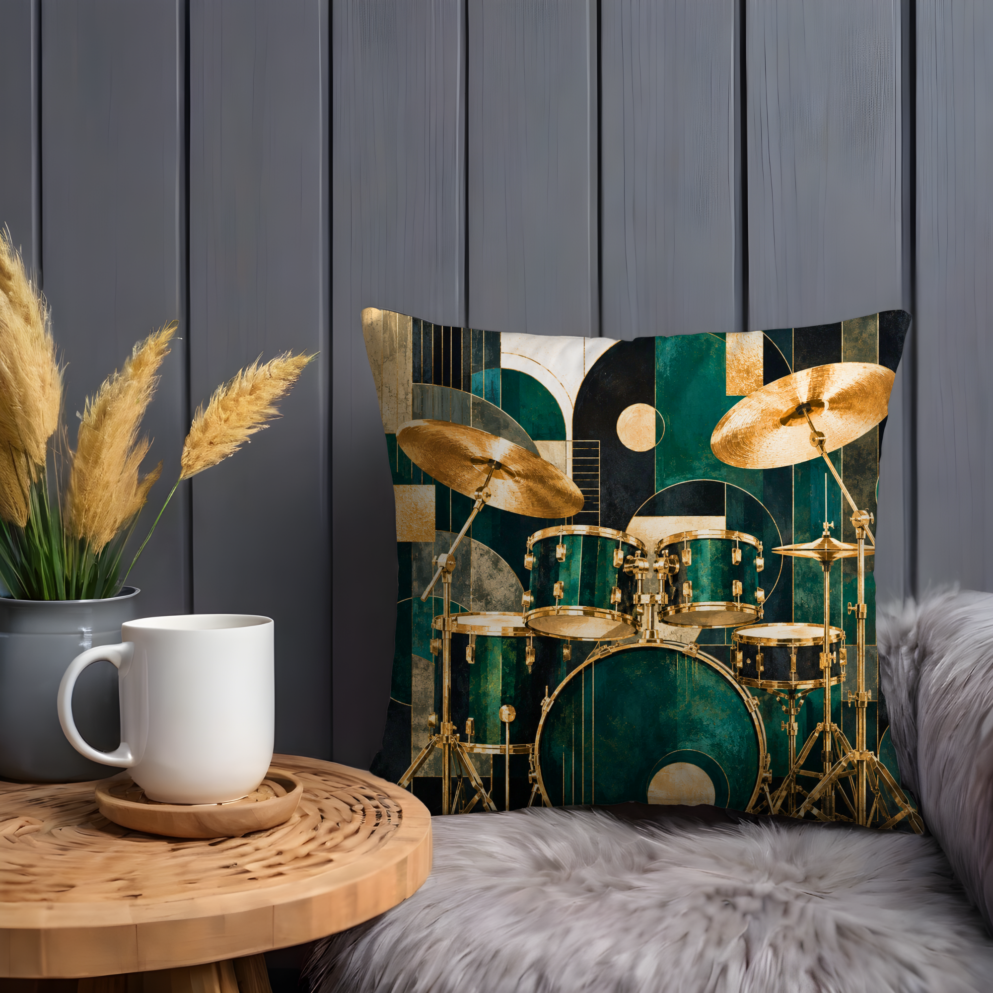 Teal Drums Pillow Cover | Drum Kit Pillow Cover | Percussion Art | Gold Crackle Decor