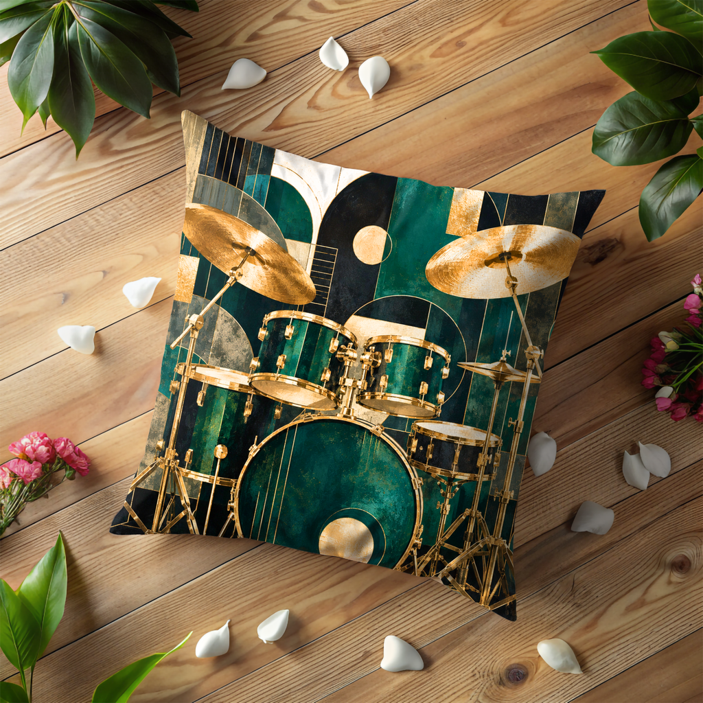 Teal Drums Pillow Cover | Drum Kit Pillow Cover | Percussion Art | Gold Crackle Decor