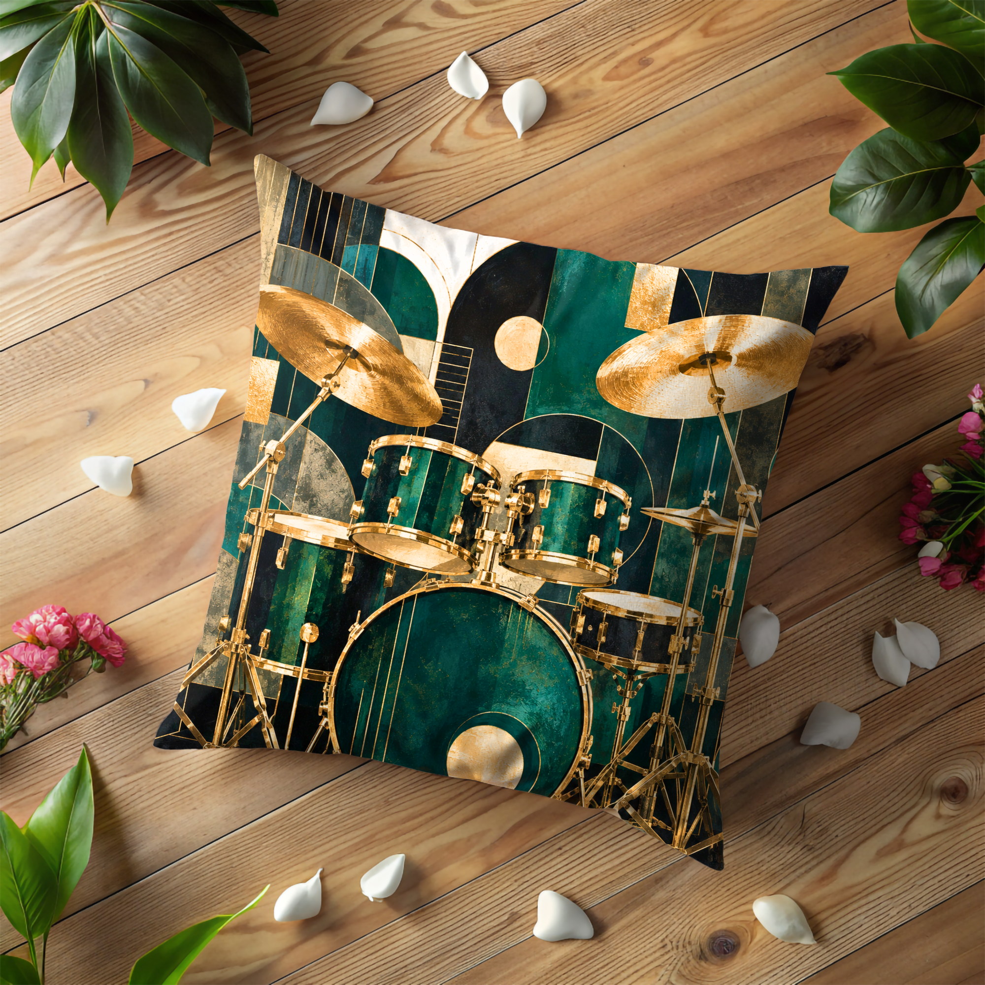 Teal Drums Pillow Cover | Drum Kit Pillow Cover | Percussion Art | Gold Crackle Decor