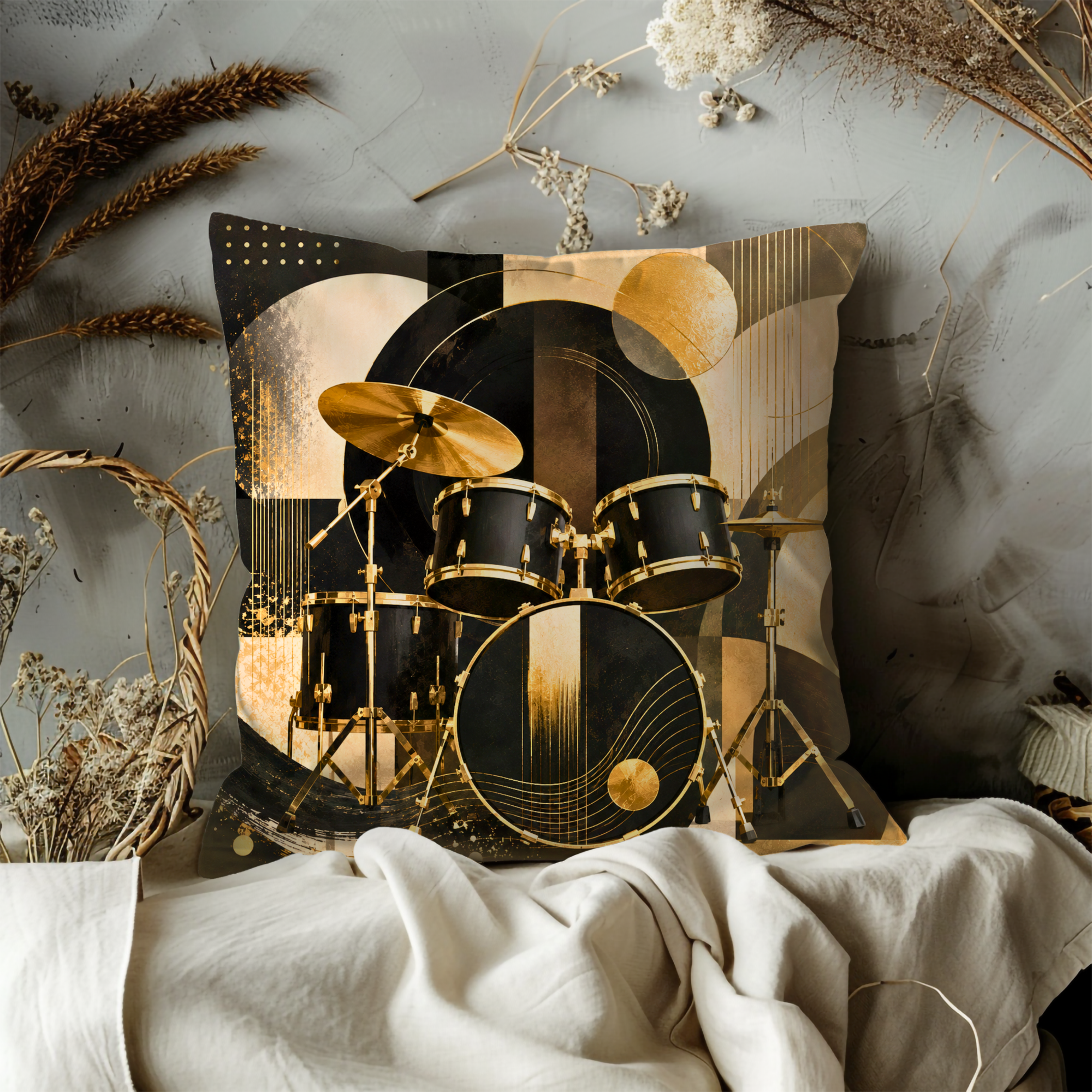 Drum Kit Pillow Cover | Gold Percussion Art | Gold Crackle Decor
