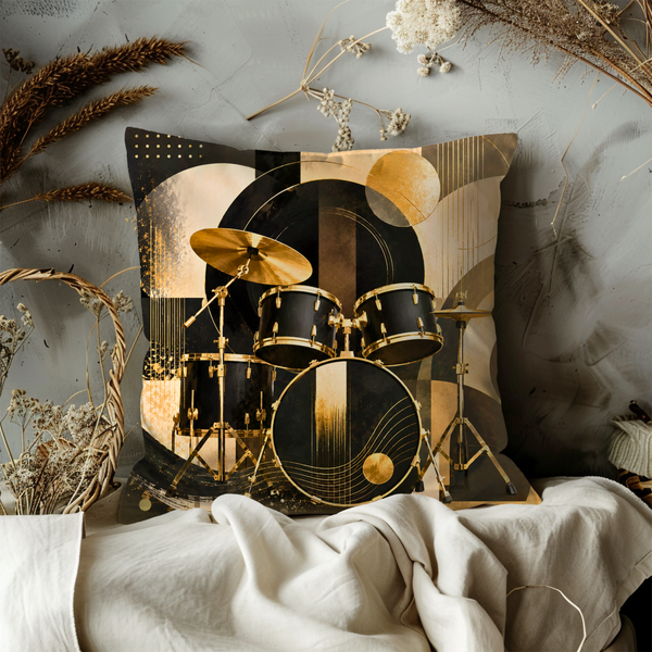 Drum Kit Pillow Cover – Gold Percussion Art | Gold Crackle Decor