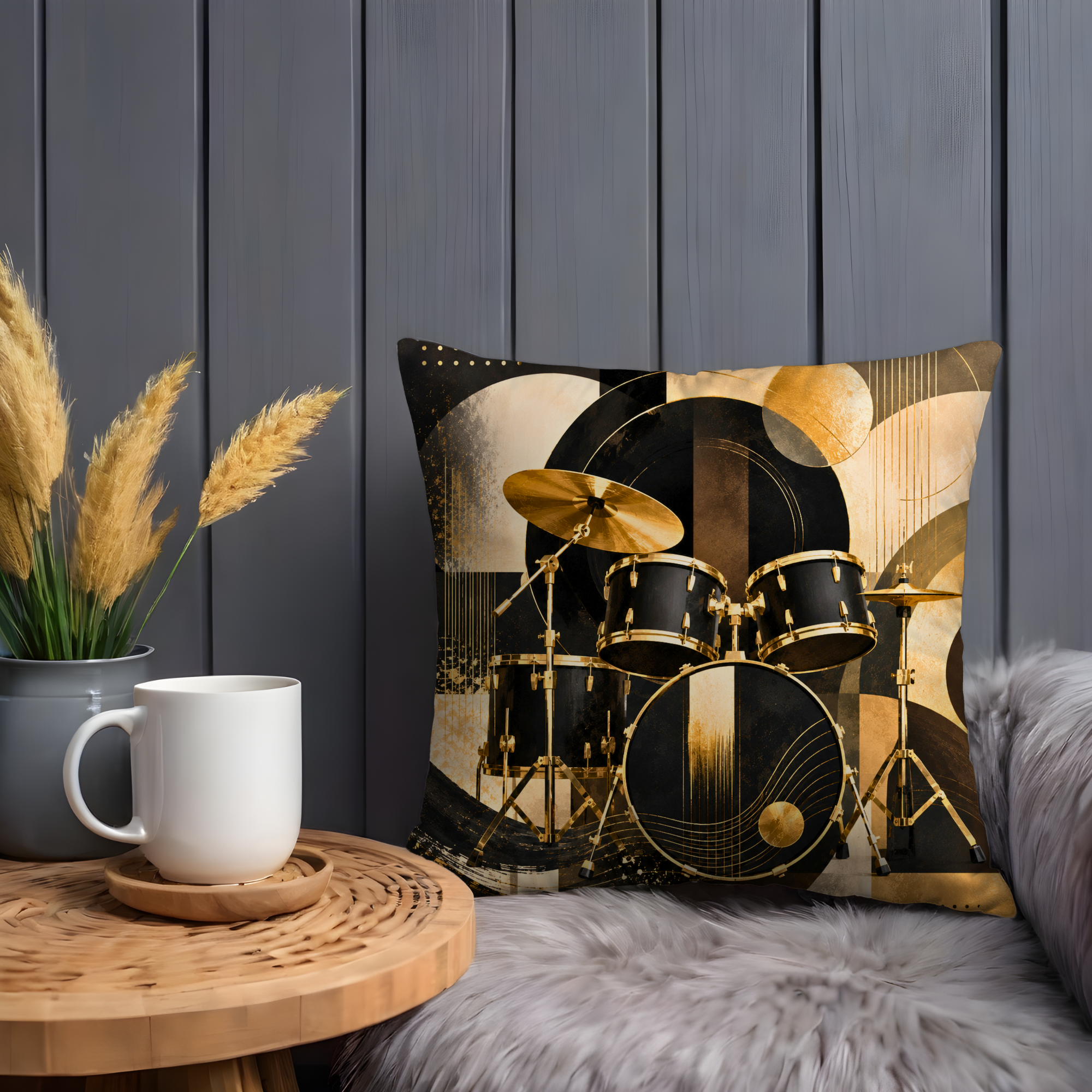 Drum Kit Pillow Cover | Gold Percussion Art | Gold Crackle Decor