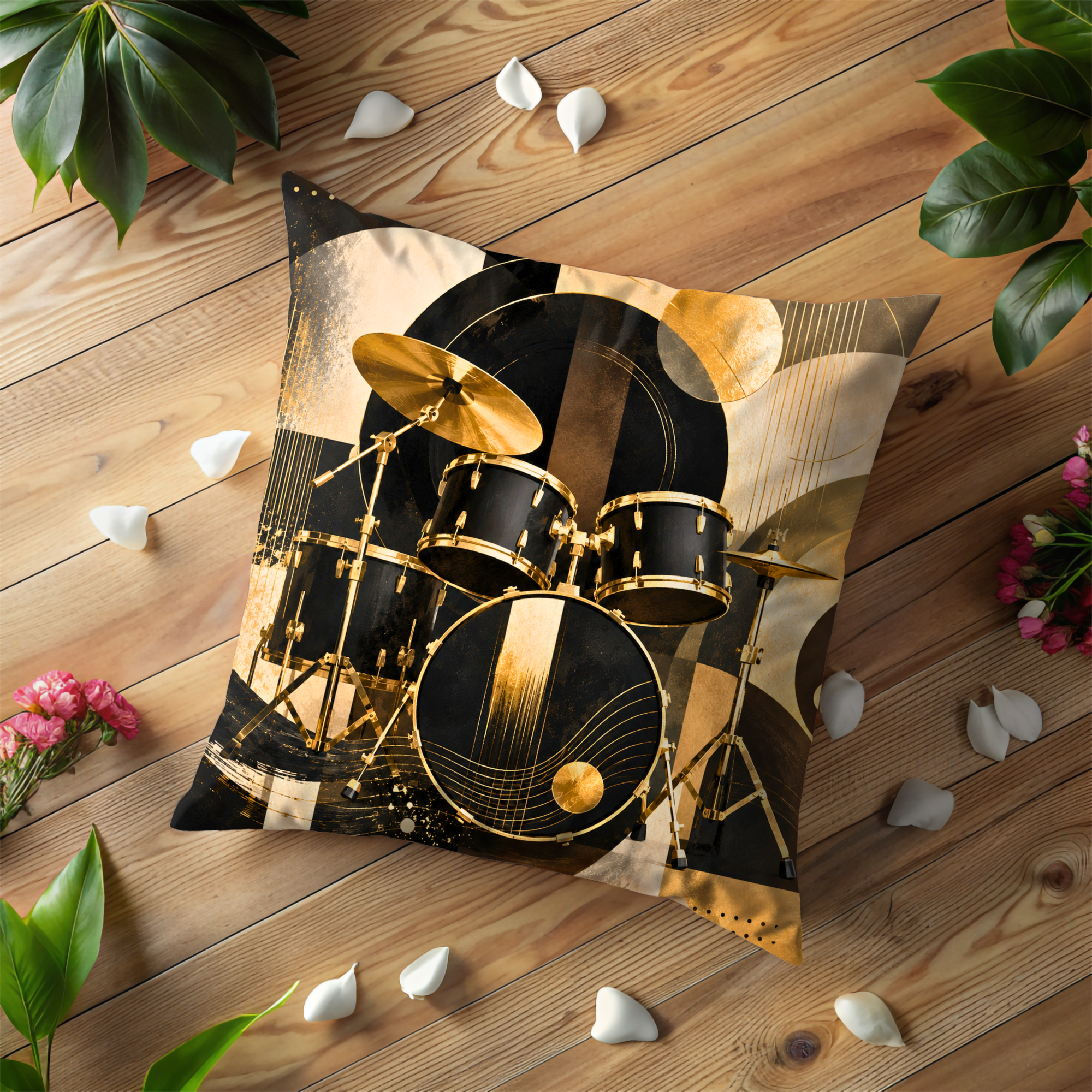 Drum Kit Pillow Cover | Gold Percussion Art | Gold Crackle Decor