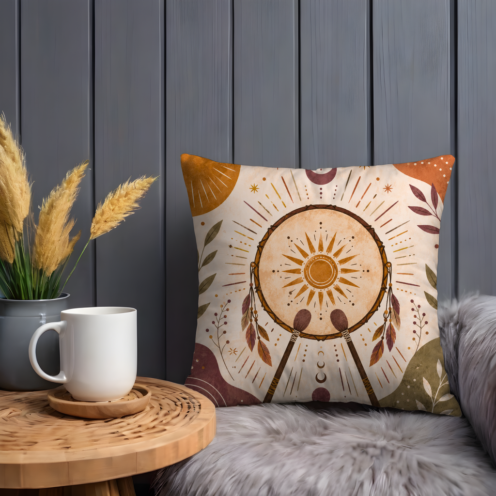 Shaman Drum Pillow Cover | Boho Spiritual Art | Gold Crackle Decor