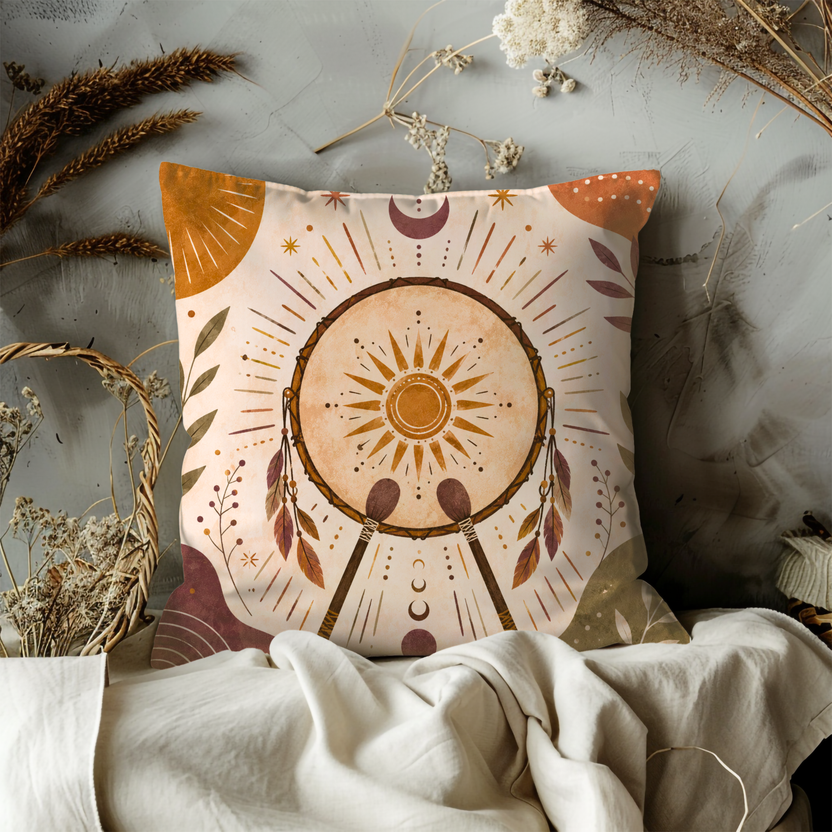 Shaman Drum Pillow Cover – Boho Spiritual Art | Gold Crackle Decor