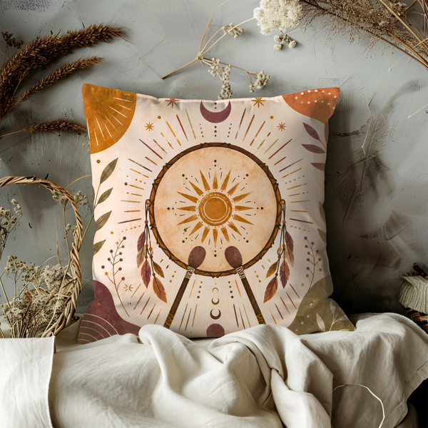 Shaman Drum Pillow Cover – Boho Spiritual Art | Gold Crackle Decor
