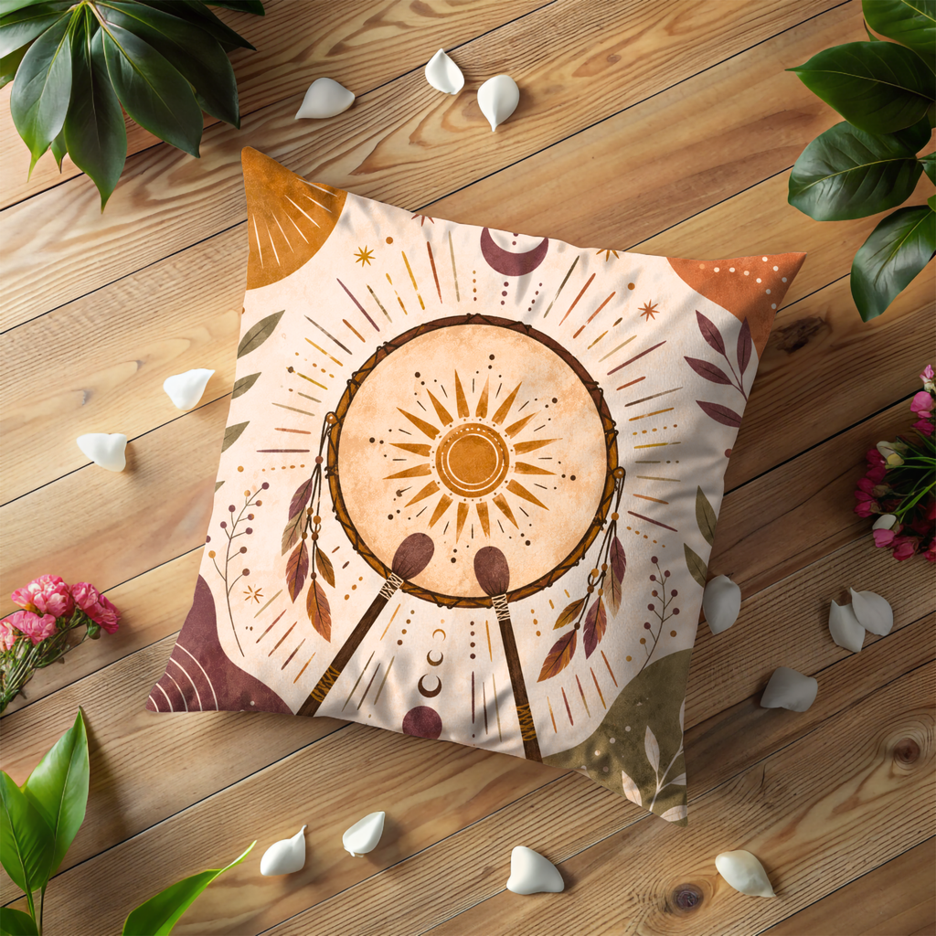 Shaman Drum Pillow Cover | Boho Spiritual Art | Gold Crackle Decor