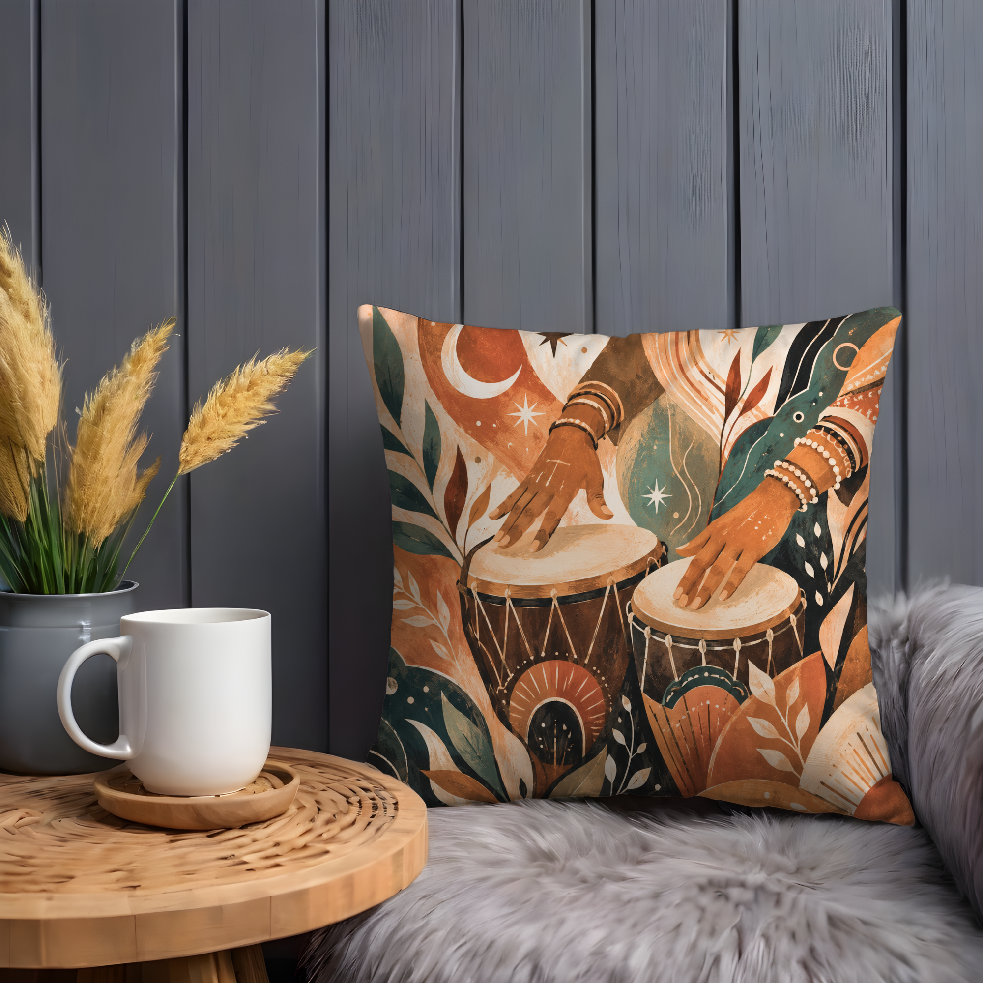 Boho Drums Pillow Cover | Spiritual Percussion Art | Gold Crackle Decor
