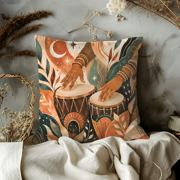 Boho Drums Pillow Cover – Spiritual Percussion Art | Gold Crackle Decor