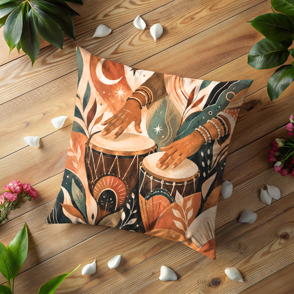 Boho Drums Pillow Cover | Spiritual Percussion Art | Gold Crackle Decor