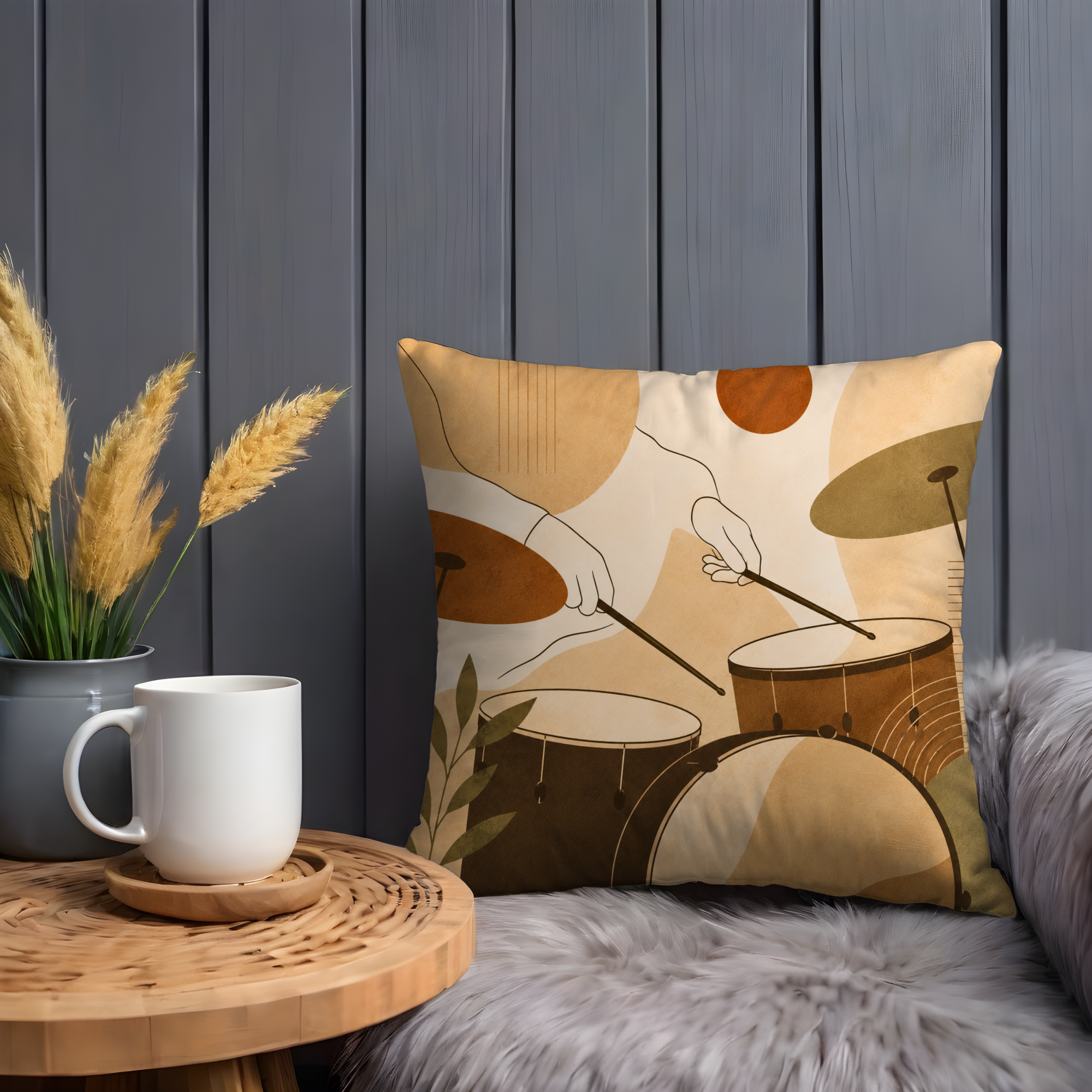 Minimalist Drums Pillow Cover | Boho Percussion Art | Gold Crackle Decor
