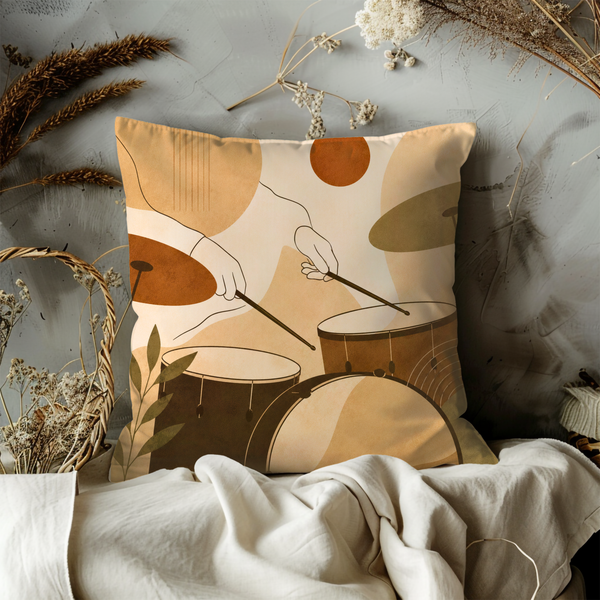 Minimalist Drums Pillow Cover – Boho Percussion Art | Gold Crackle Decor