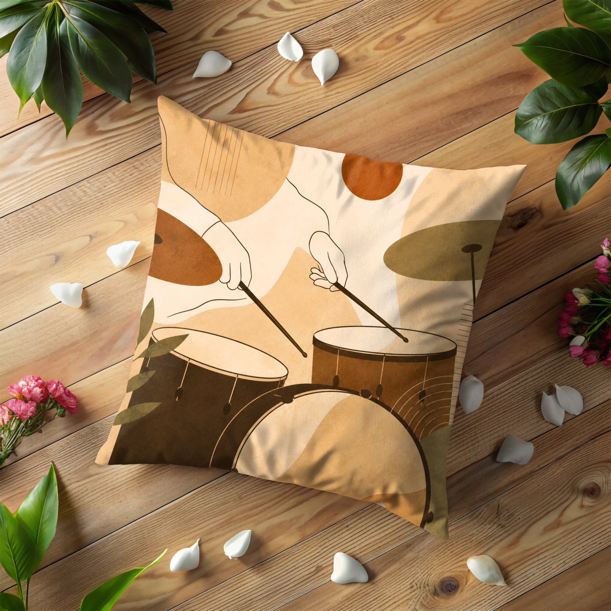 Minimalist Drums Pillow Cover | Boho Percussion Art | Gold Crackle Decor