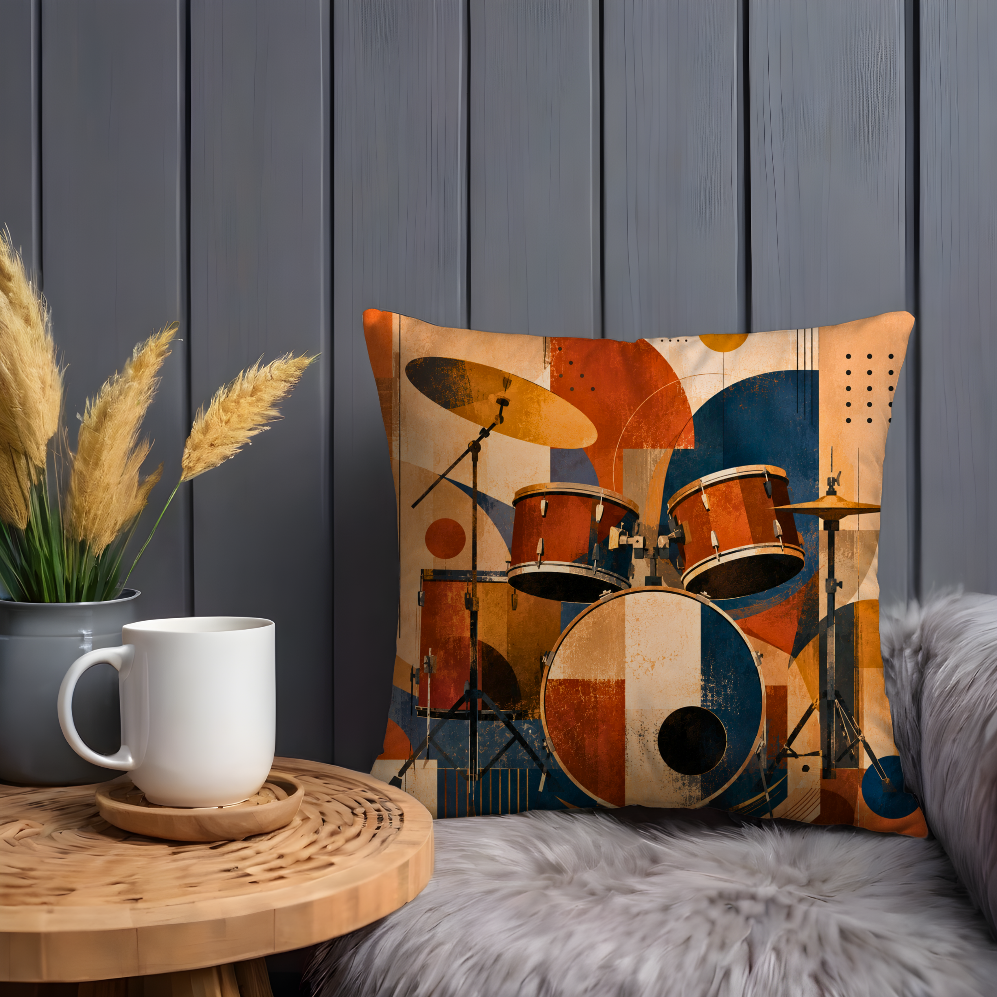 Abstract Drum Kit Pillow Cover | Geometric Percussion Art | Gold Crackle Decor