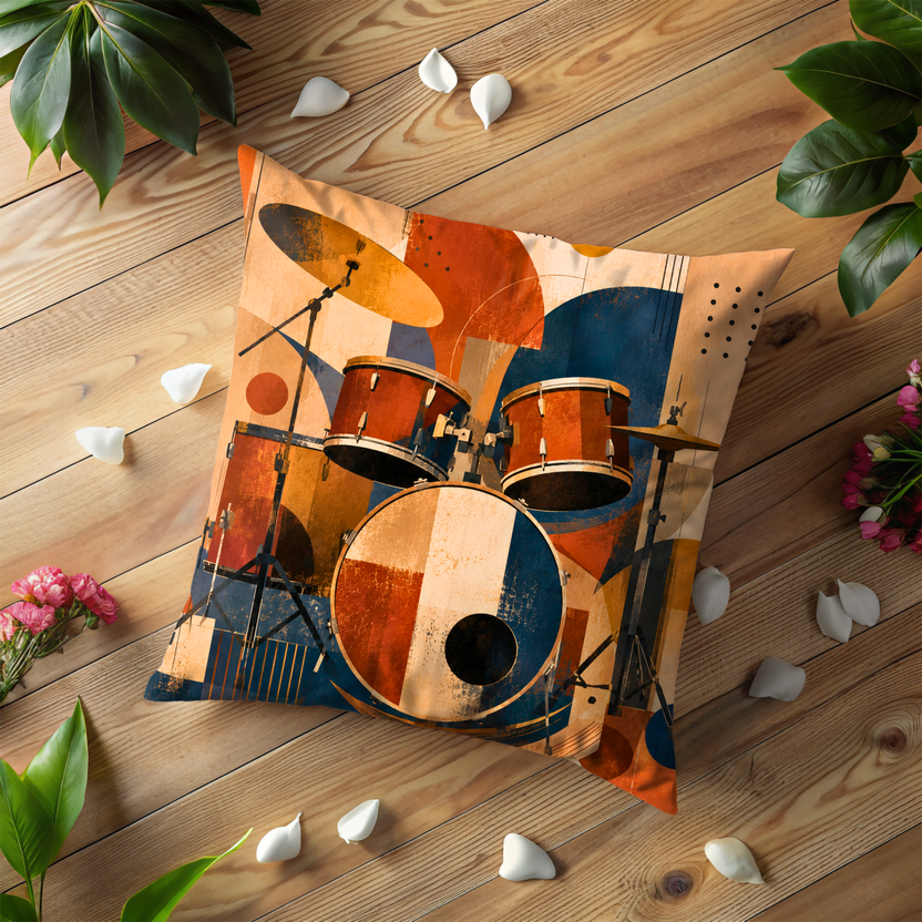 Abstract Drum Kit Pillow Cover – Geometric Percussion Art | Gold Crackle Decor