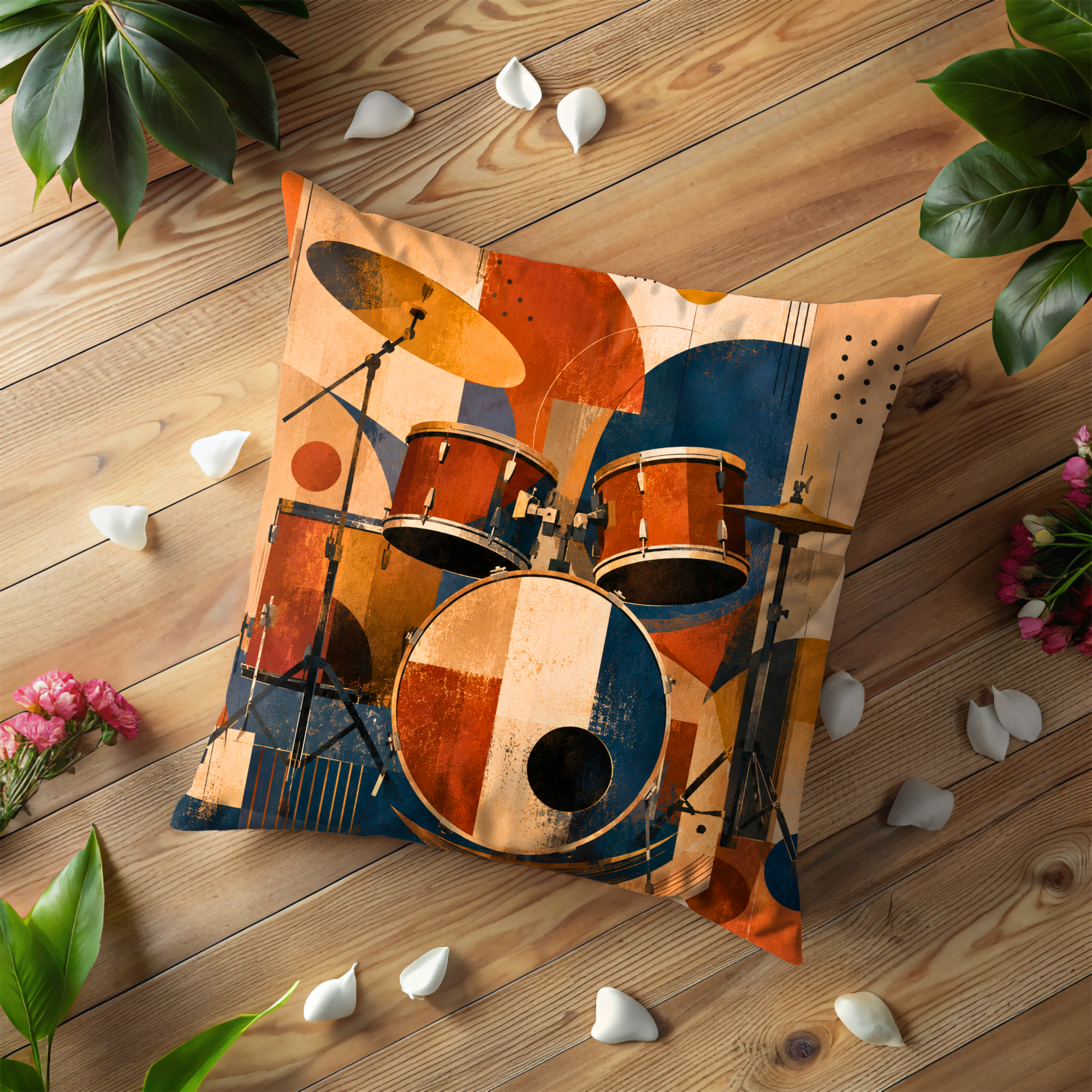 Abstract Drum Kit Pillow Cover | Geometric Percussion Art | Gold Crackle Decor