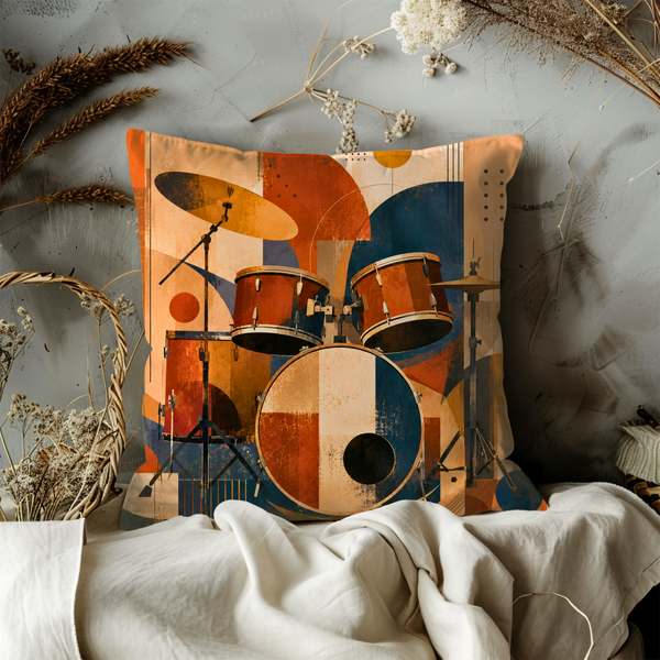 Abstract Drum Kit Pillow Cover – Geometric Percussion Art | Gold Crackle Decor