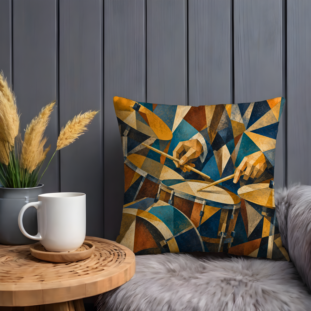 Cubist Drum Kit Pillow Cover | Geometric Percussion Art | Gold Crackle Decor