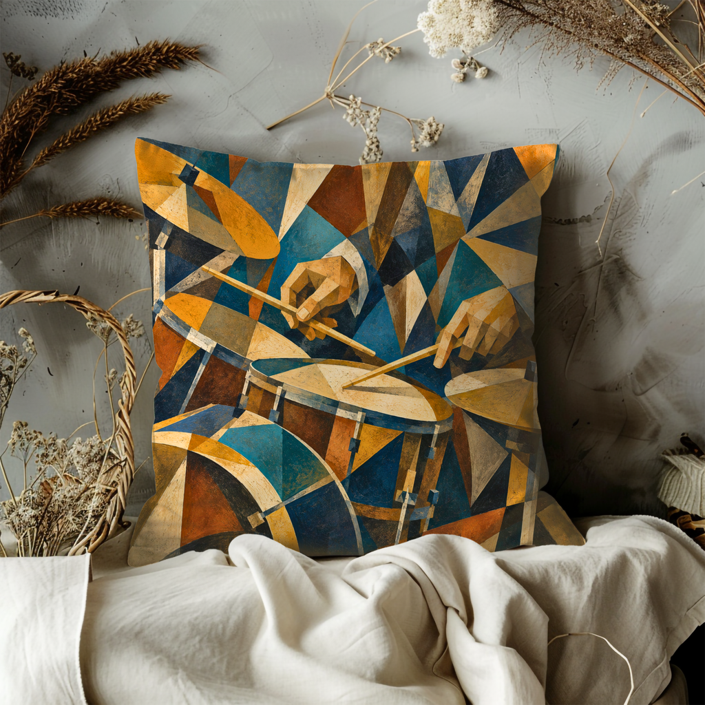 Cubist Drum Kit Pillow Cover | Geometric Percussion Art | Gold Crackle Decor