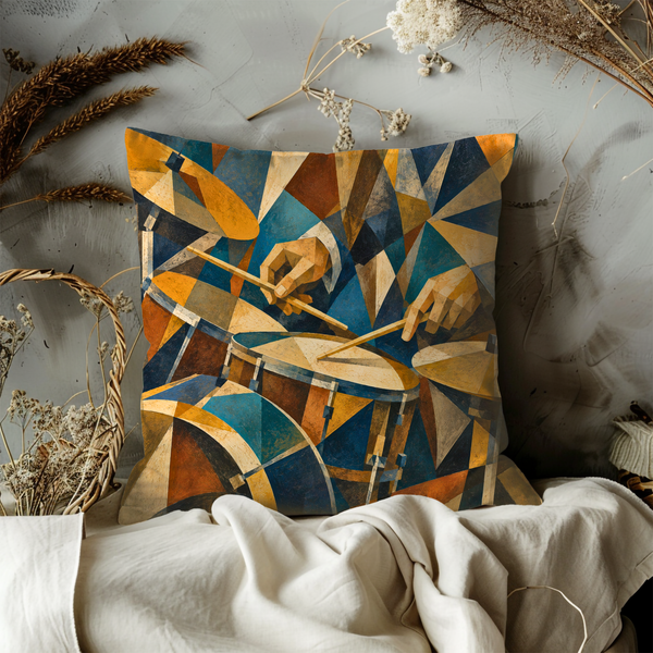 Cubist Drum Kit Pillow Cover – Geometric Percussion Art | Gold Crackle Decor