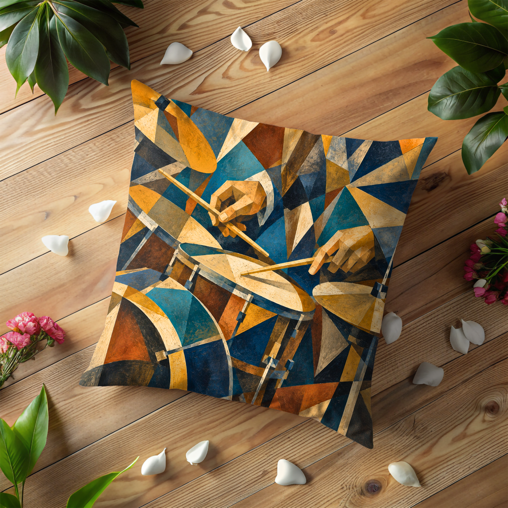 Cubist Drum Kit Pillow Cover | Geometric Percussion Art | Gold Crackle Decor