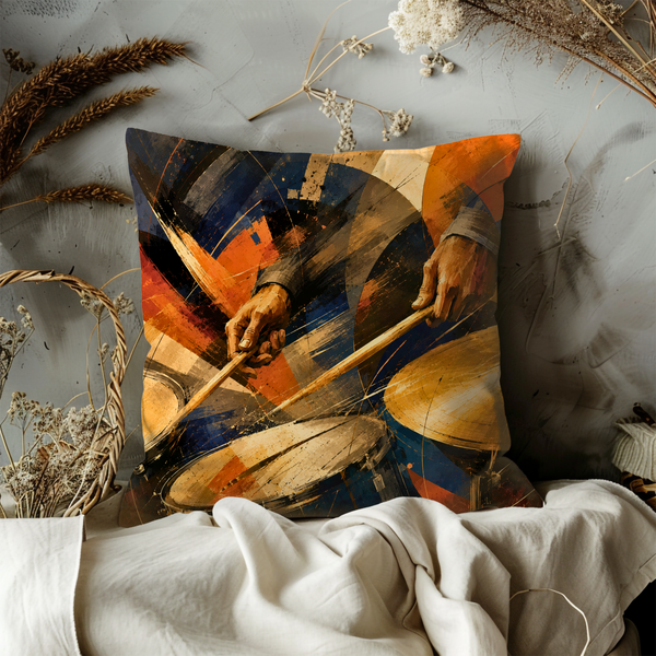 Drummer Hands Pillow Cover – Abstract Percussion Art | Gold Crackle Decor