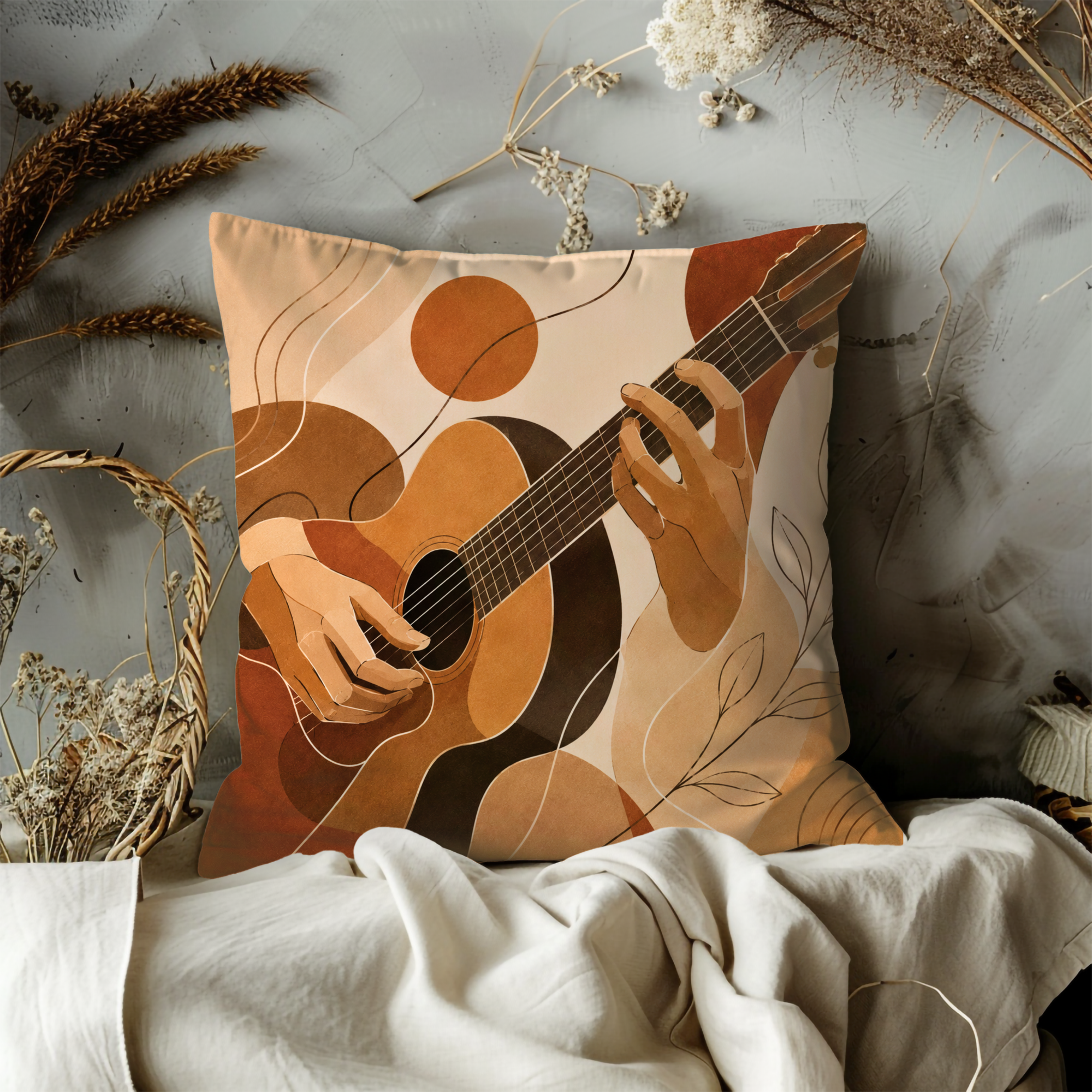 Acoustic Guitar Pillow Cover | Boho Music Art | Gold Crackle Decor
