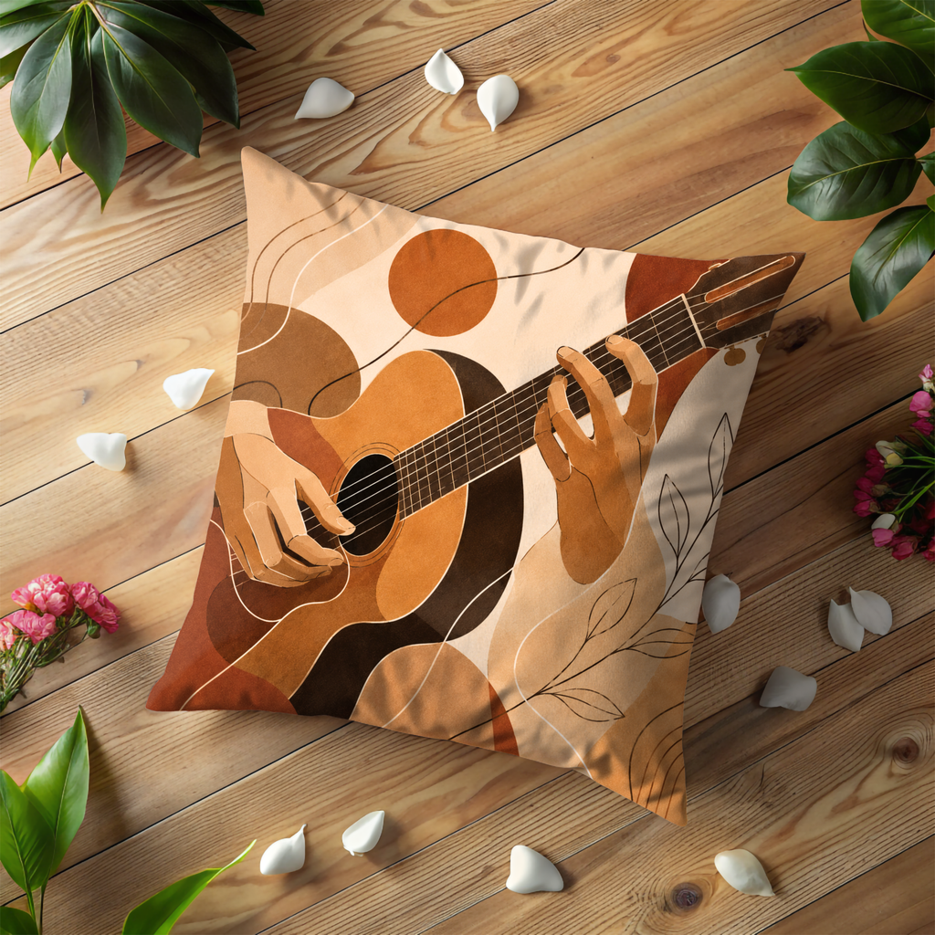 Acoustic Guitar Pillow Cover | Boho Music Art | Gold Crackle Decor