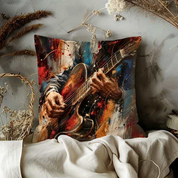 Abstract Guitarist Pillow Cover – Expressive Music Art | Gold Crackle Decor