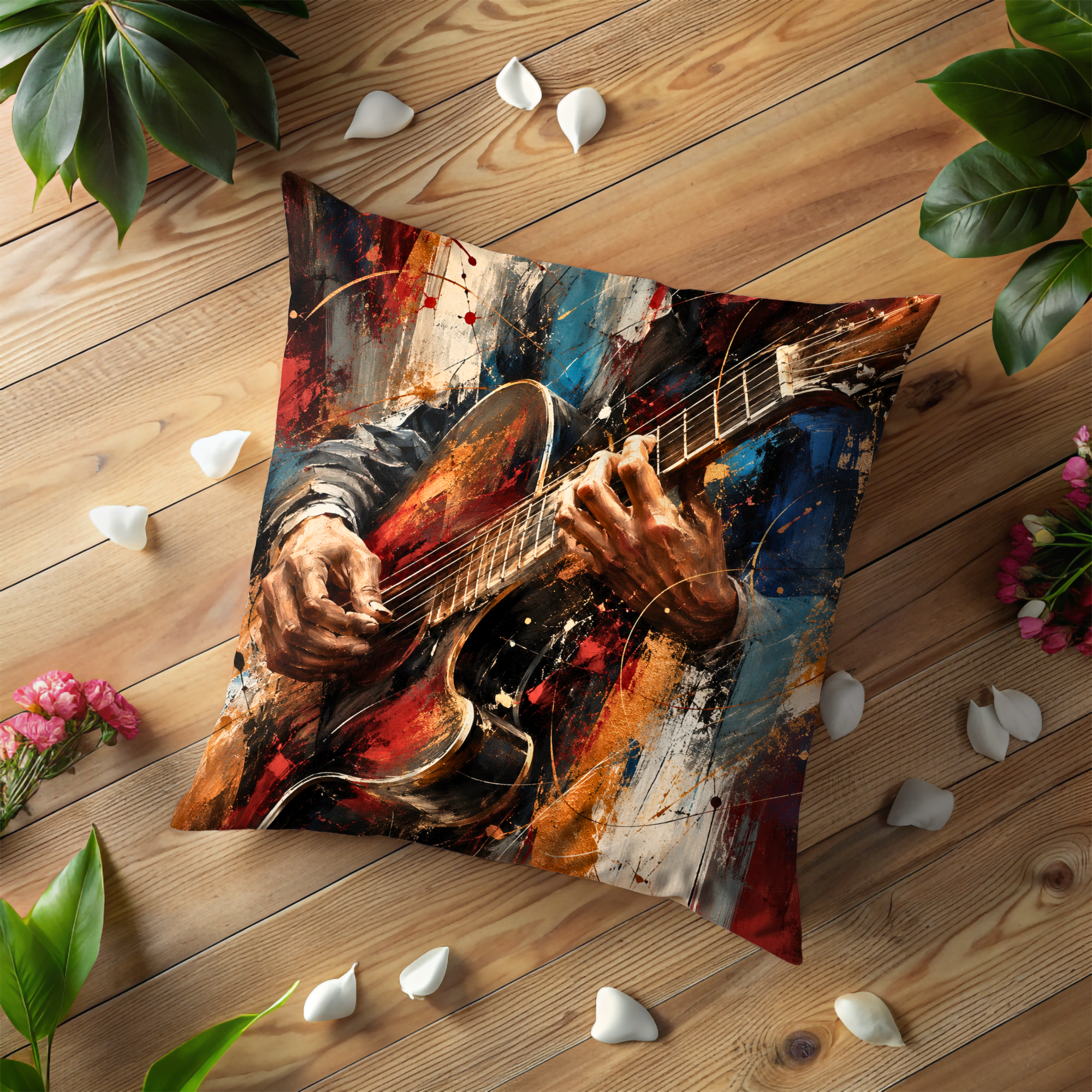 Abstract Guitarist Pillow Cover | Expressive Music Art | Gold Crackle Decor